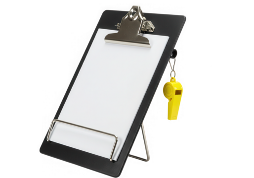 Clipboard with blank paper and yellow whistle isolated on transparent background