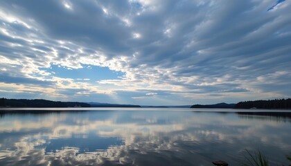 Obraz premium A tranquil lake reflects a dramatic sky filled with layered clouds, framed by distant forested islands and a serene horizon at dusk or dawn.