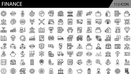 Finance Outline icon set. Containing loan, cash, saving, financial goal, profit, budget, mutual fund, earning money and revenue icons. Outline icons collection.