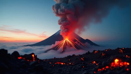 Fototapeta premium Dramatic Volcanic Eruption at Dusk with Smoke and Lava Flow