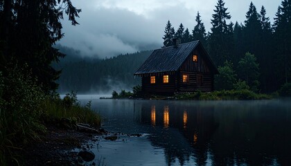 Obraz premium Secluded Lakeside Cabin at Dusk A Serene Forest Escape
