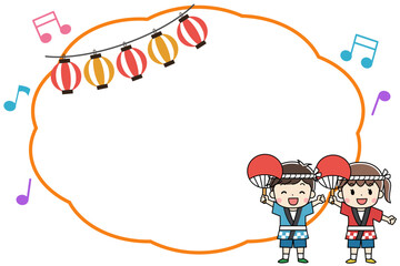 夏祭りで法被をきた笑顔の子供たちのフレーム素材イラスト