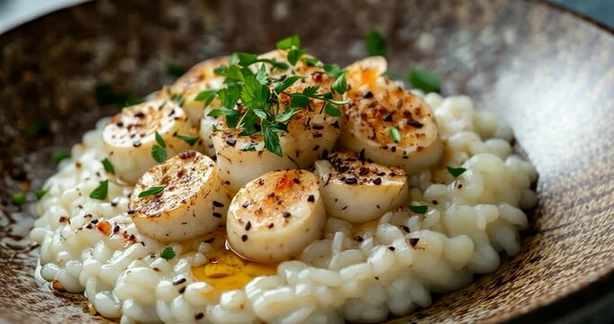 Close-up of creamy risotto topped with seared scallops and fresh herbs, served in a rustic bowl.