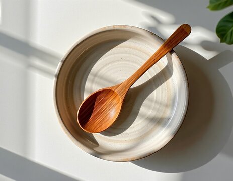 A wooden spoon rests inside a ceramic bowl, illuminated by natural sunlight casting soft shadows on a white surface with a hint of green foliage. - Powered by Adobe