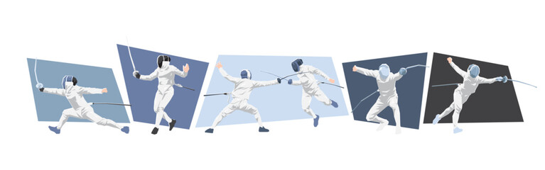 Fencing sport. Male and female athlete characters doing sword fight. Different action, pose. Cartoon flat vector illustration.
