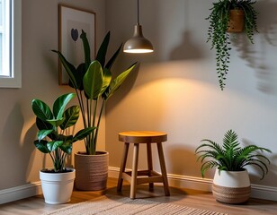 Cozy corner with three green potted plants, a wooden stool, warm pendant lighting, and a framed botanical print on a neutral wall.