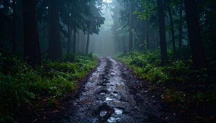Obraz premium Misty Forest Path A Moody, Atmospheric Dirt Road Winding Through Lush Green Woods