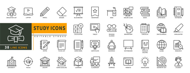 Minimalist Study line icons set with editable stroke, featuring graduation cap, laptop, pencil, eraser, notes, university, focus, liblary, desk, online class, backpack. thin linear illustration.