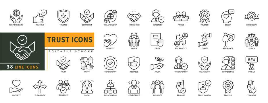 Minimalist trust line icons set with editable stroke, featuring responsibility, reliable, comitment, unity, trust, consistency, friend, trusted, truth, loyalty, belief, swea. thin linear illustration.