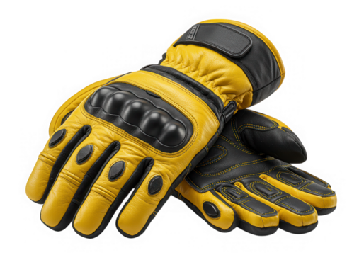 Yellow motorcycle gloves leather protection gear isolated on transparent background