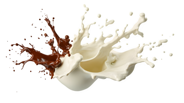 Yogurt made from milk and chocolate food splashes. Simple sprays and drops of sweet liquids isolated against a transparent grid backdrop.
