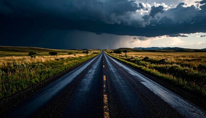 Fototapeta premium Dramatic Stormy Sky Over a Lonely Asphalt Road in the Countryside