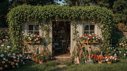 A rustic garden shed covered in vines with flower boxes and potted flowers in the front yard area