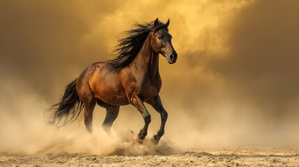Majestic horse galloping across the desert, mane flowing in the wind. Freedom and power in motion.