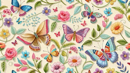 Colorful floral embroidery seamless patterns with embroidered butterflies on pastel background