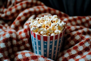 A Colorful Container Full Of Delicious Popcorn Placed On Plaid Fabric