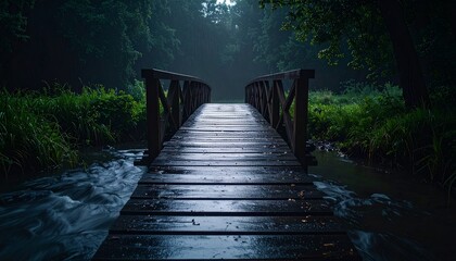Obraz premium Enchanted Forest Bridge A Mystical Wooden Footbridge Over a Stream