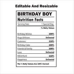 Birthday boy nutrition facts fun graphic design