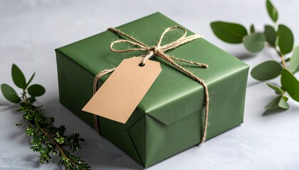 Elegant green gift box with blank tag with twine and eucalyptus on grey backdrop.