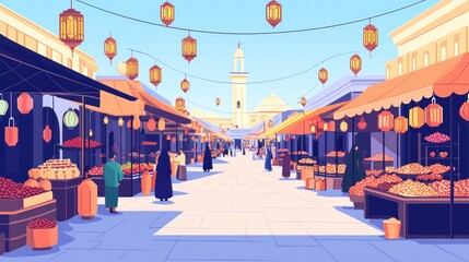 Obraz premium A bustling marketplace scene with vibrant stalls and people.
