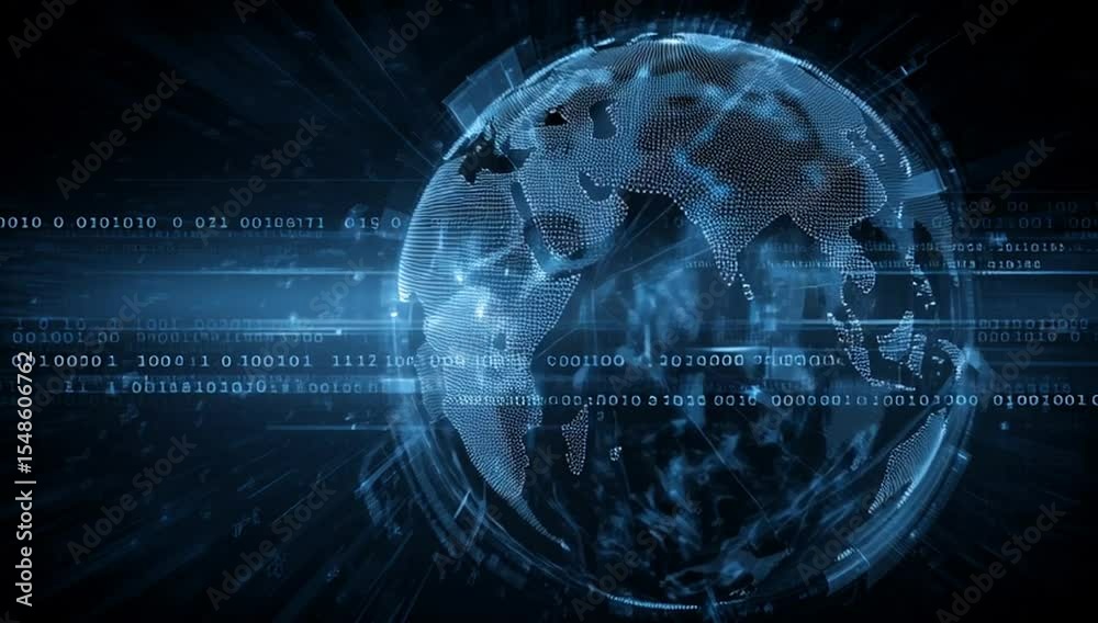 Poster blue digital background with an earth globe and data technology elements, including network connecti