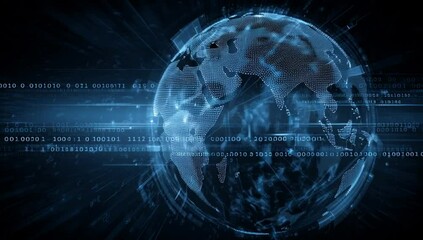 Blue digital background with an Earth globe and data technology elements, including network connections and binary code Generative AI - Powered by Adobe