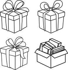 Gift box icons set. Surprising gift box symbol. Present gift box tied signs. Christmas, birthday, valentine, open, sparkle, wedding event, party, celebration, achievement success vector illustration
