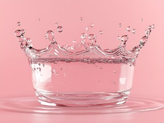Glass of water creates a crown splash on pink background
