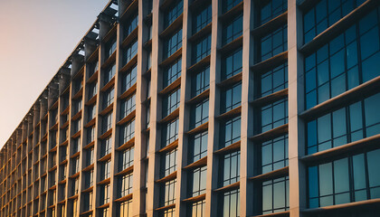 Obraz premium Modern Building Facade with Rectangular Windows and Concrete Columns at Sunset.