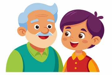 Cartoon illustration of a cheerful grandfather and grandson happily talking and bonding over a basketball. Family love, generation connection
