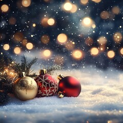 A festive Christmas scene with a background of twinkling lights and a snow-covered surface.