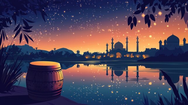 A tranquil evening scene by a river with a drum and a mosque city.
