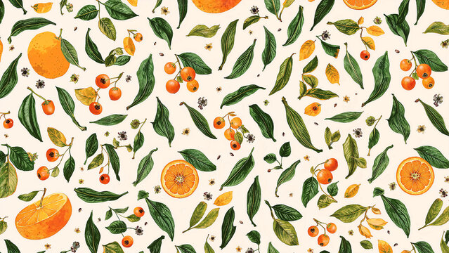 Citrus fruit and berry pattern on a light beige background with leaves