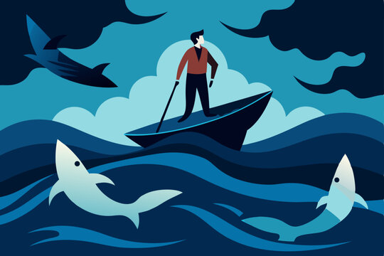 Cartoon vector illustration of a businessman on a boat with a shark in the ocean