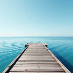 Serene wooden pier extending into calm blue waters under clear sky