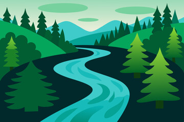 Fototapeta premium Serene River Winding Through Lush Green Mountains A Peaceful Landscape Illustration
