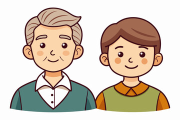 Cartoon illustration of a cheerful grandfather and grandson happily talking and bonding over a basketball. Family love, generation connection