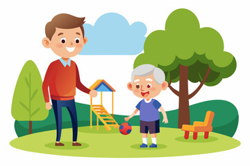 Cartoon illustration of a cheerful grandfather and grandson happily talking and bonding over a basketball. Family love, generation connection