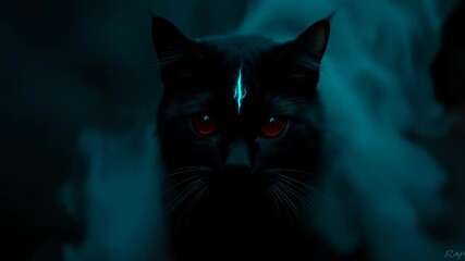 Mystical black cat with glowing eyes in a teal nighttime scene