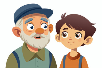 Cartoon illustration of a cheerful grandfather and grandson happily talking and bonding over a basketball. Family love, generation connection
