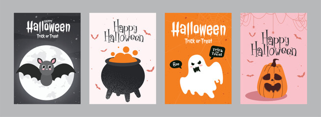 Happy Halloween greeting clipart poster set. Halloween trick or treat scary and spooky invitation card clip art collection with bat, cauldron, ghost and pumpkin character in creepy colorful background