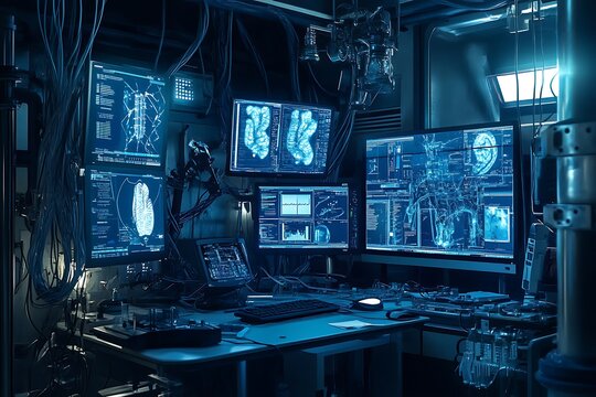 Illuminated screens display medical scans in a blue futuristic lab environment filled with technology
