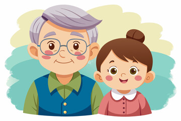 Cartoon illustration of a cheerful grandfather and grandson happily talking and bonding over a basketball. Family love, generation connection