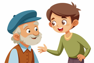 Cartoon illustration of a cheerful grandfather and grandson happily talking and bonding over a basketball. Family love, generation connection