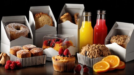A variety of closed snack boxes with clear lids displaying bakery items and juice
