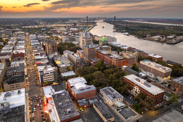 Aerial view of Savannah, old historical city in Georgia. Southern American architecture at night