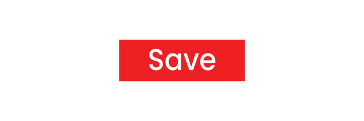 Red rectangular flat Save button icon with white bold text, ideal for app UI design, web app, website, and software dashboard requiring data storage and action confirmation tasks.