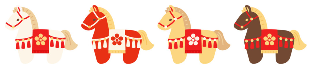 午の縁起物飾りの年賀状お正月素材4カラーセット