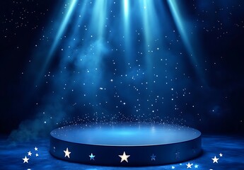 A spotlight podium with stars, particles and rays of light shining down, perfect for promotional products display  showcasing award-winning concept. 