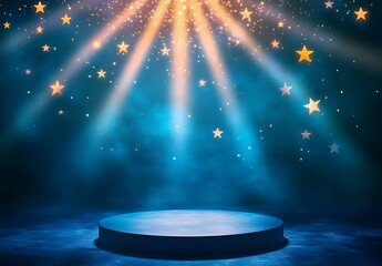A spotlight podium with stars, particles and rays of light shining down, perfect for promotional products display  showcasing award-winning concept. 